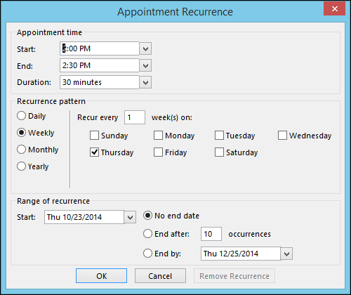 Просмотр повторяющегося события, опции повтора и диапазон повторения