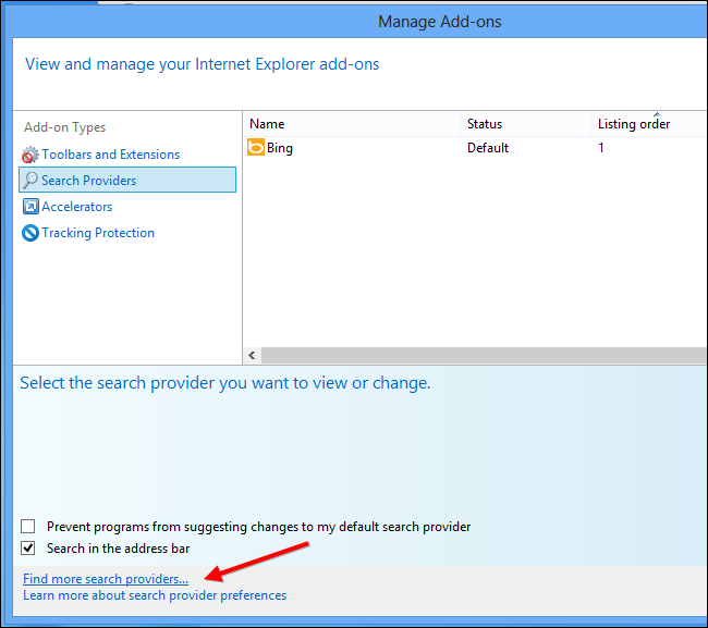 Страница галереи поставщиков поиска с вариантами Google и другими поисковиками