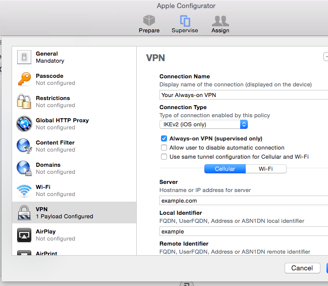 Настройка VPN-профиля с опцией Always-on