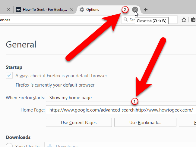 Закрытие вкладки Options в Firefox