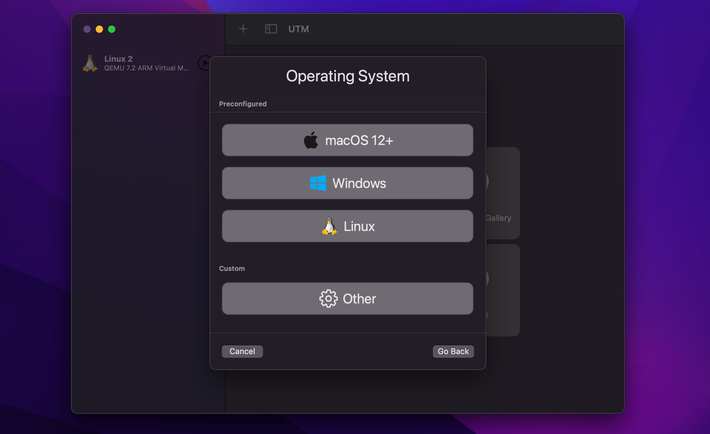 Selecting the type of operating system to install in UTM