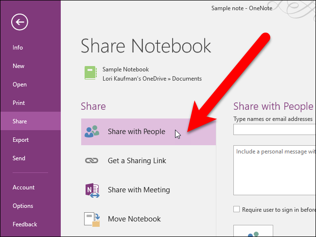 Выбор Поделиться с людьми в OneNote 2016