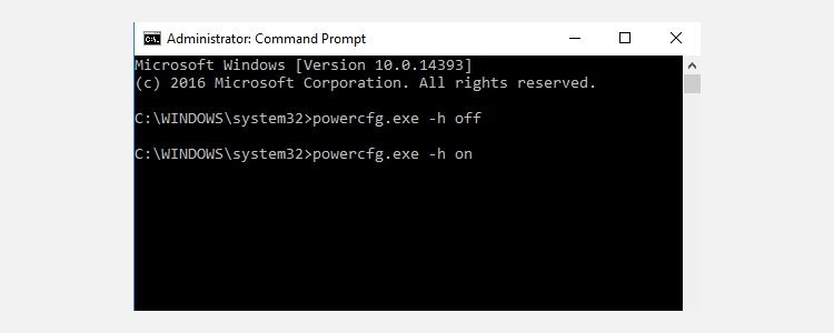 Командная строка Windows с командой powercfg.exe -h off