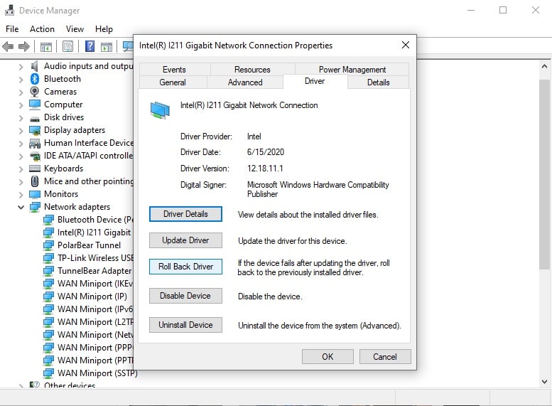 Откат драйвера Wi‑Fi адаптера