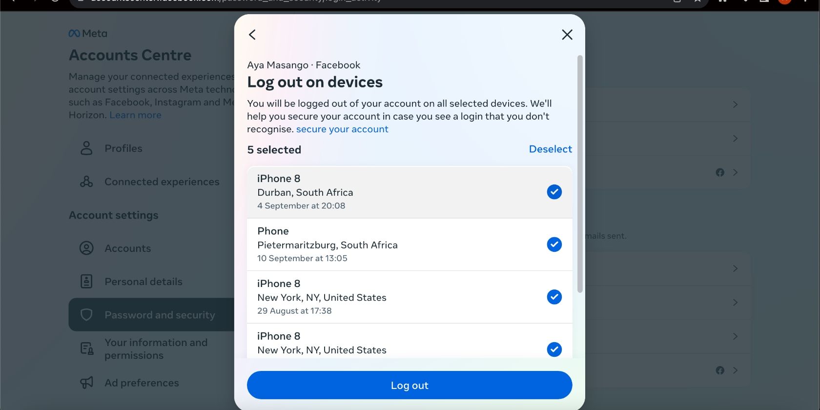 выход со всех устройств на Facebook
