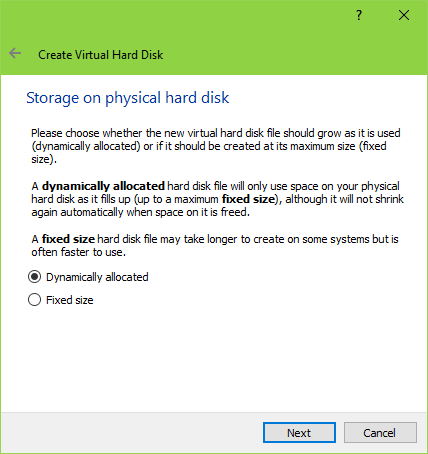 Выбор типа виртуального диска — динамический или фиксированный