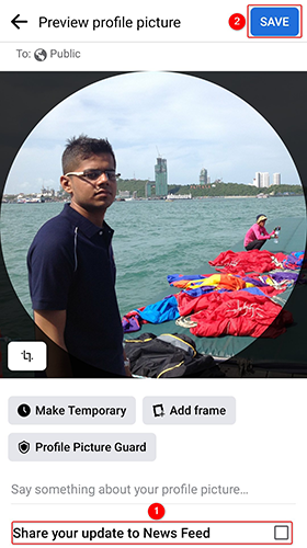 Окно изменения фото профиля в мобильном приложении Facebook.