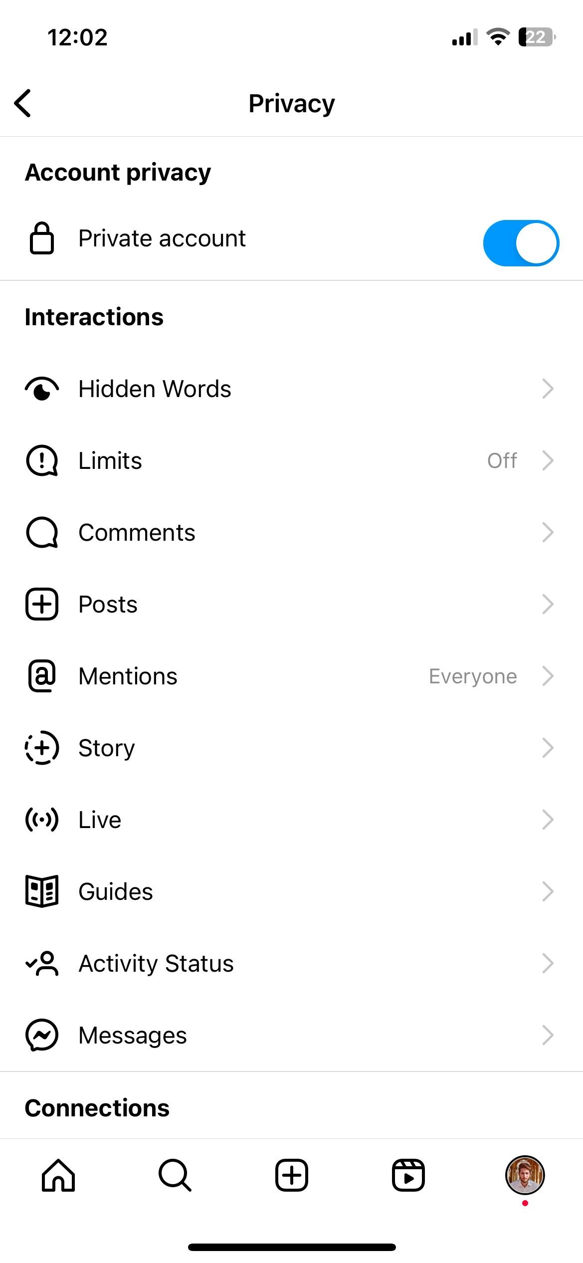 Переключатель для закрытого аккаунта в положении 