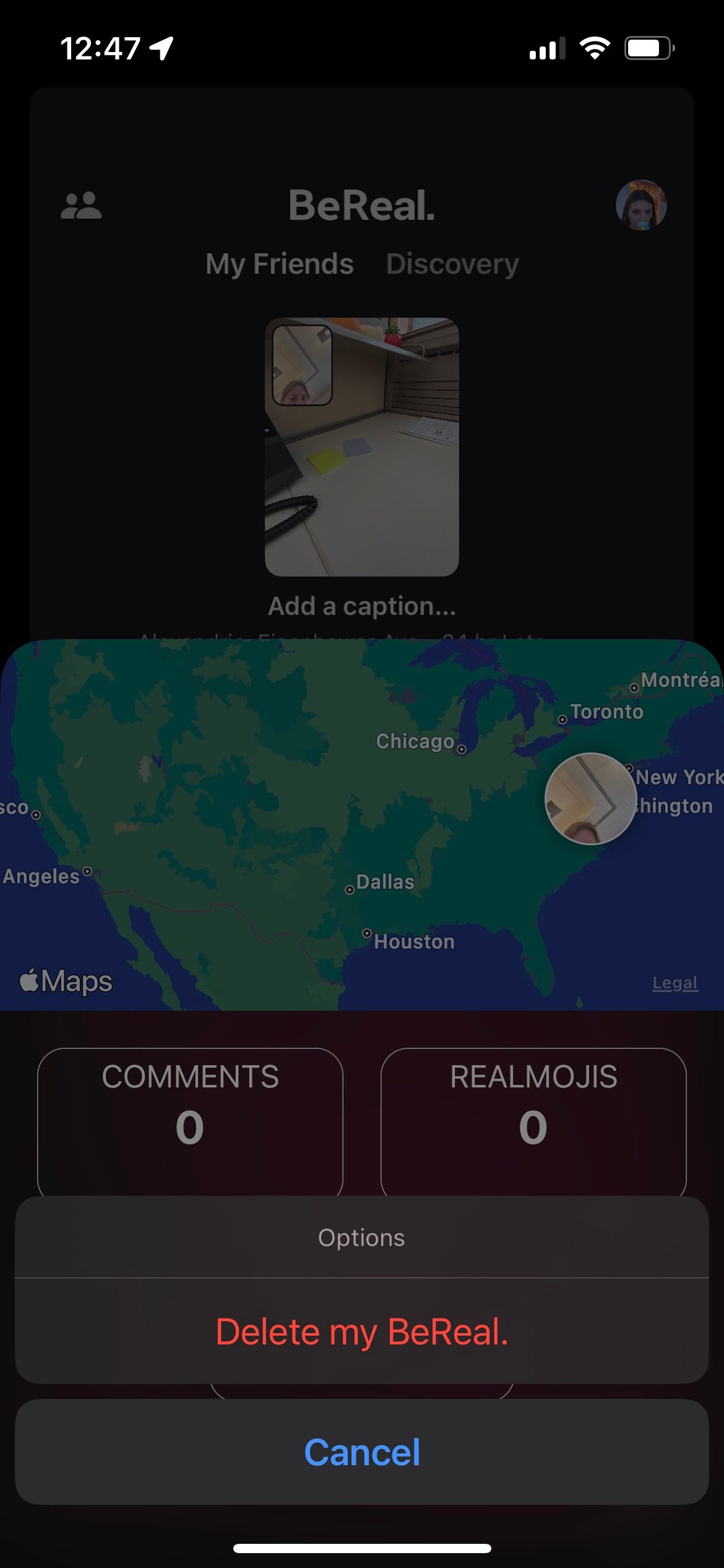 Меню параметров BeReal