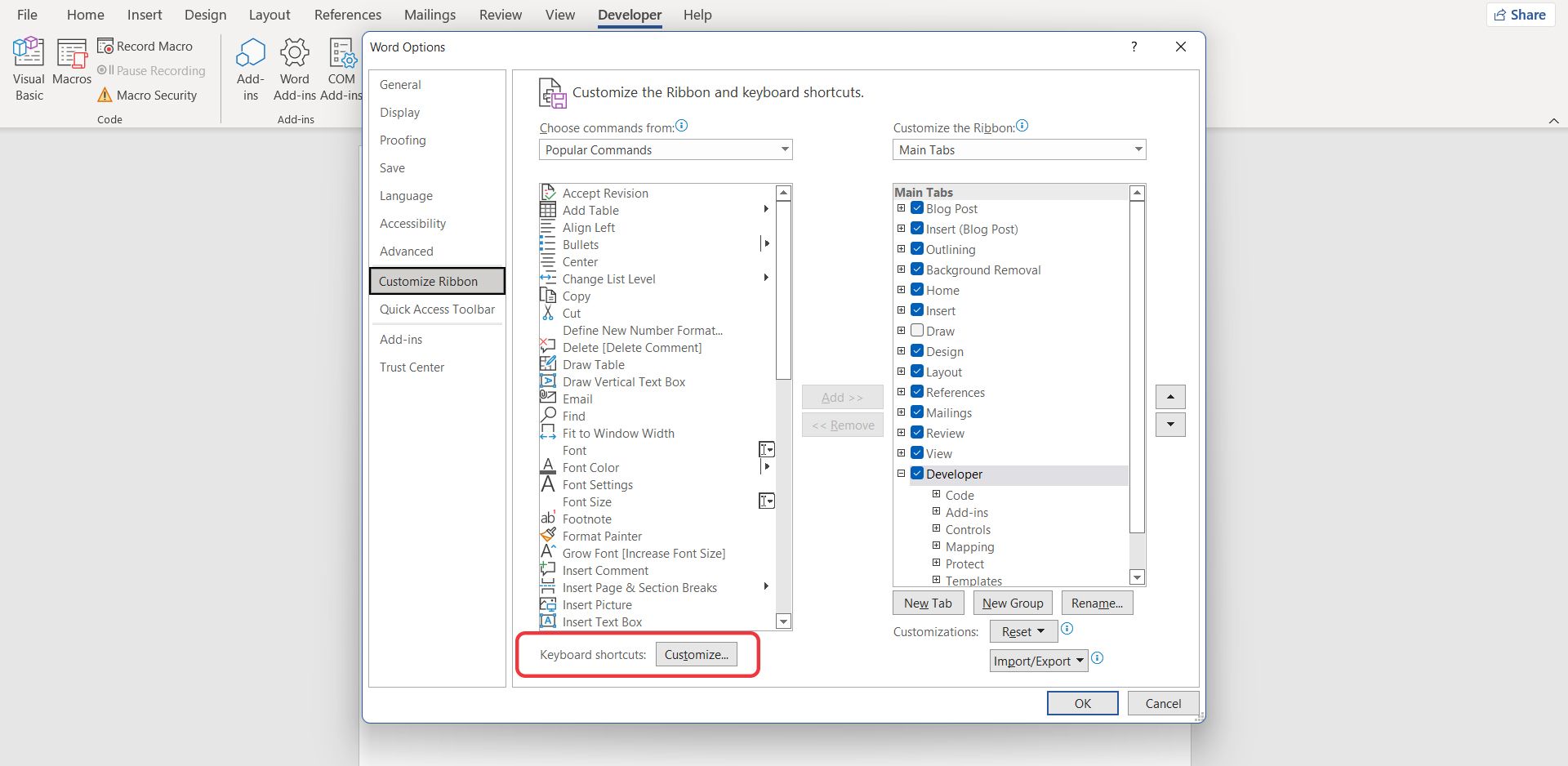 Меню 'Настроить ленту' в Word