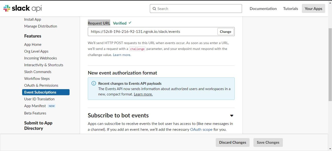 Страница подписки на события Slack API