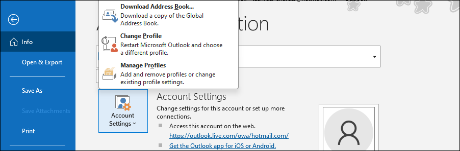 Опция Account Settings в классическом Outlook на Windows 11.