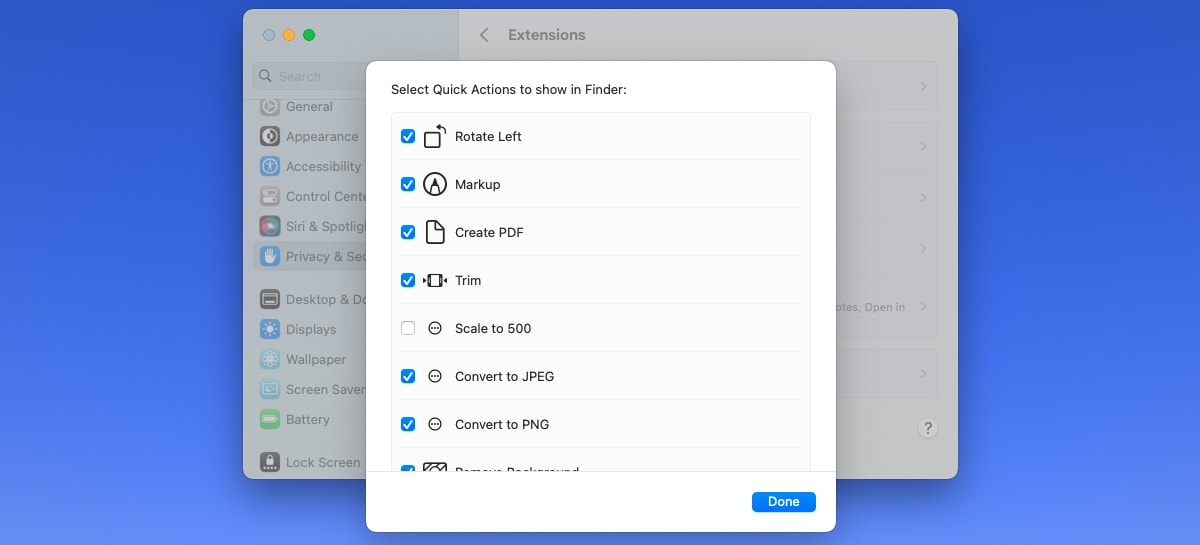 Выбор Quick Actions в Finder