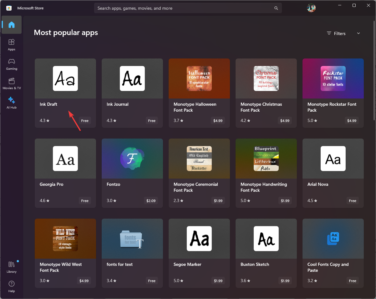 Выбор шрифта в Microsoft Store