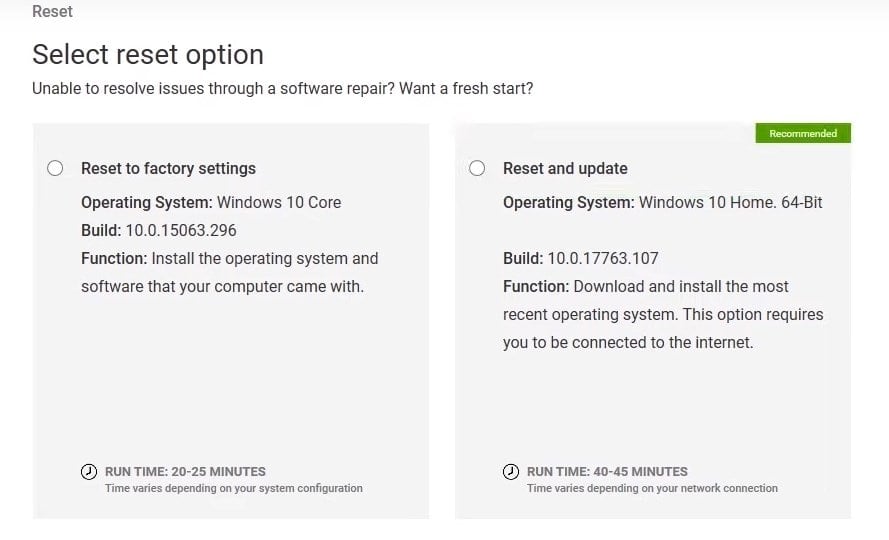 Опции сброса: Reset to factory settings и Reset and update