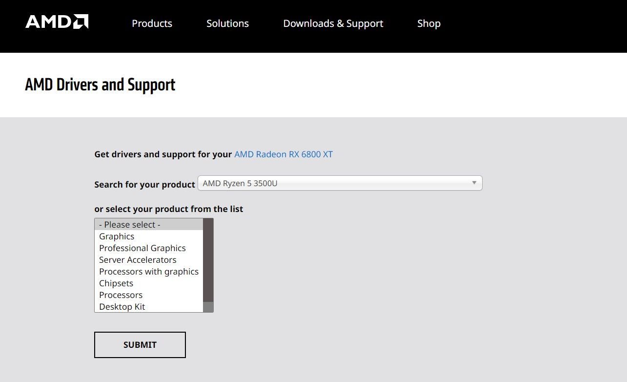 Выбор модели видеокарты на сайте поддержки AMD