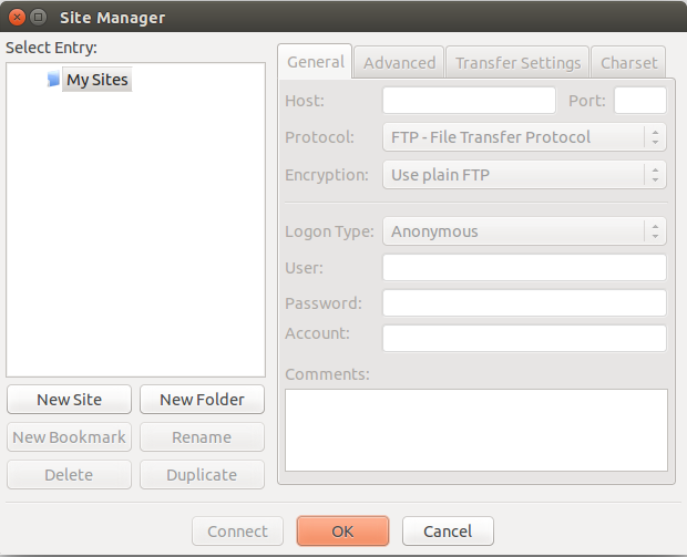Окно менеджера сайтов FileZilla