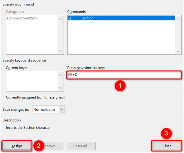 Назначение сочетания клавиш для символа параграфа