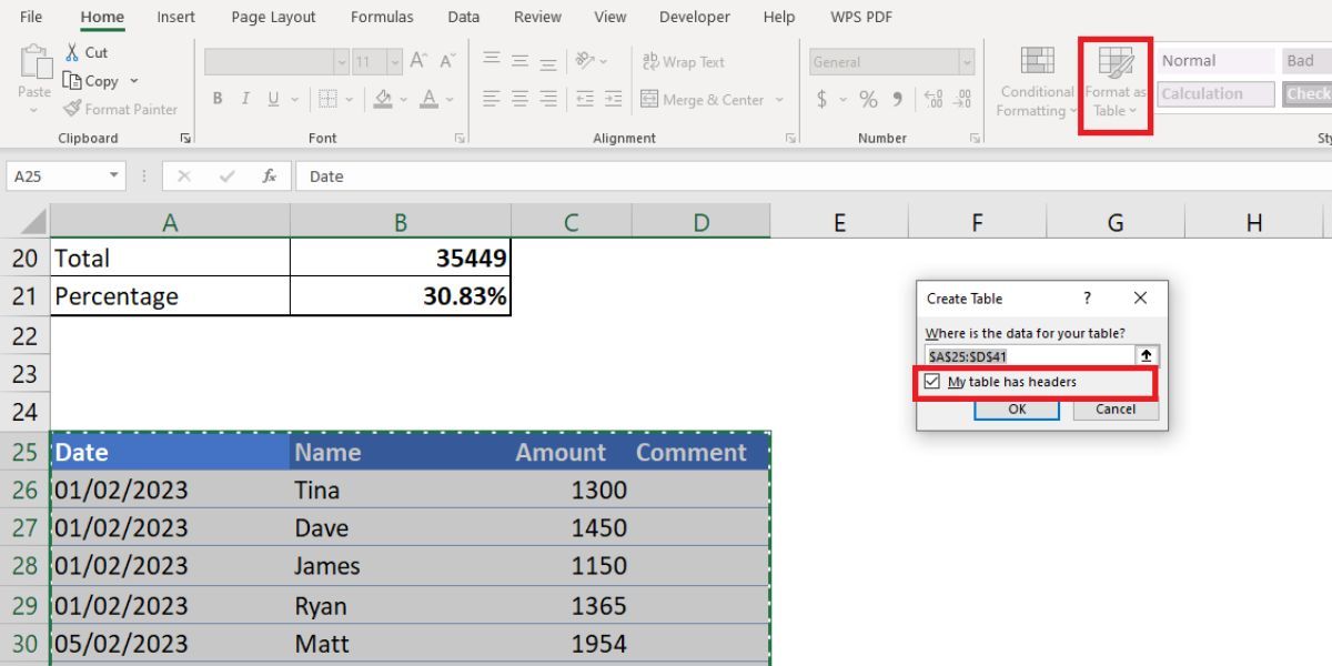 Преобразование диапазона в таблицу с помощью инструмента Форматировать как таблицу