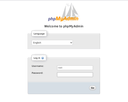 Экран входа в phpMyAdmin на 127.0.0.1:8000