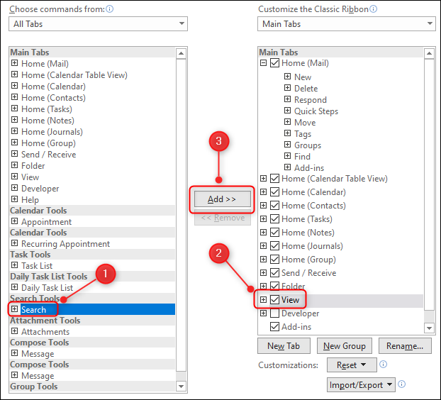 Выберите Search, выберите рядом расположенную вкладку и нажмите «Добавить».