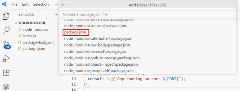 Seleziona package.json del progetto