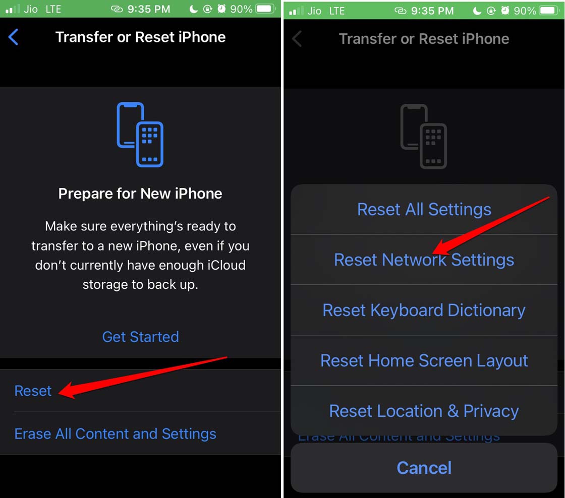Schermata per reimpostare le impostazioni di rete su iPhone
