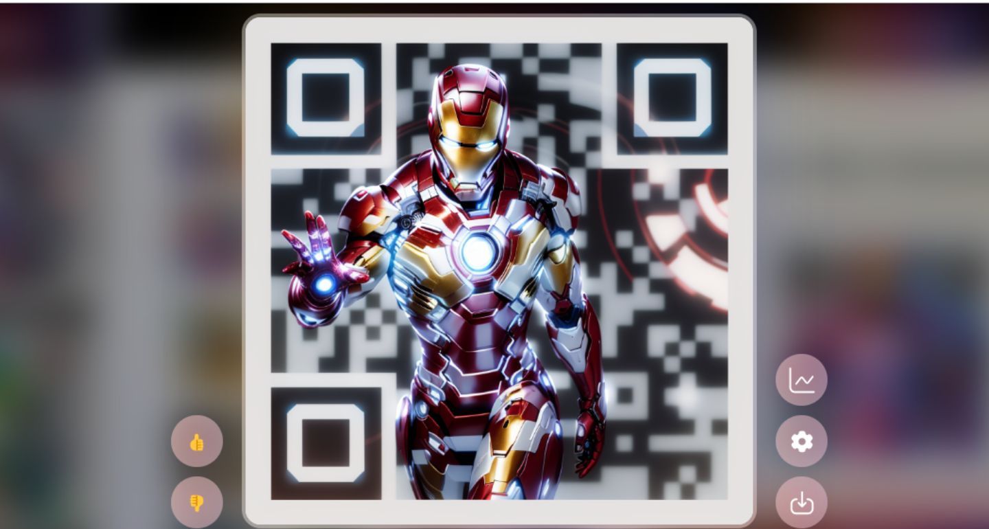 Скриншот AI‑QR с встраиванием изображения Железного человека