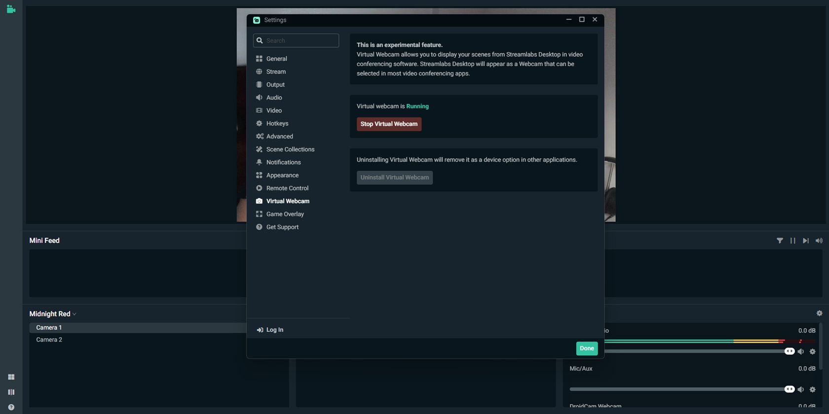 Включение виртуальной веб-камеры в Streamlabs