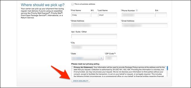 Планирование забора посылки через сайт USPS