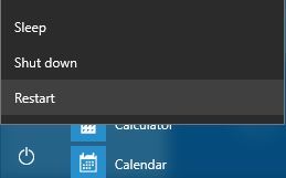 Меню питания: перезапуск с зажатым Shift