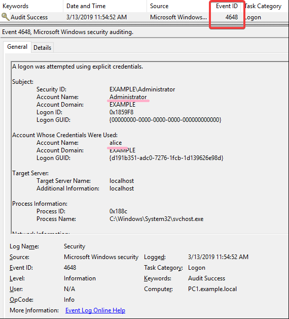 Пример записи успешного аудита в журнале безопасности Windows