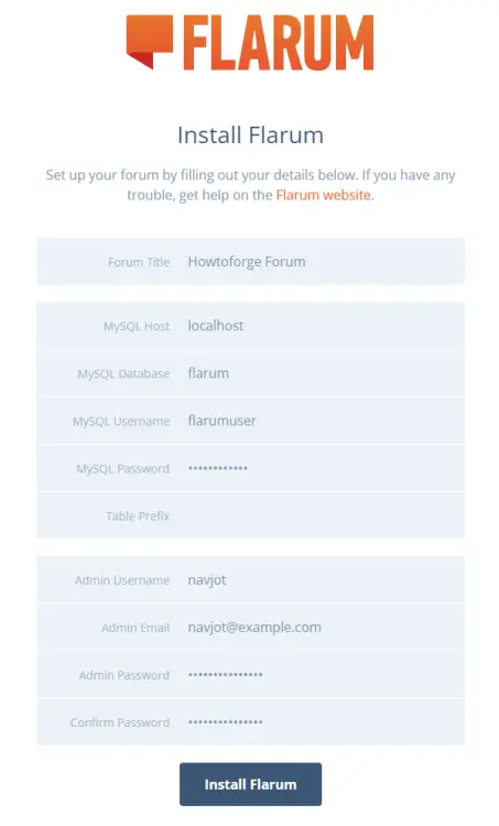 Экран установки Flarum