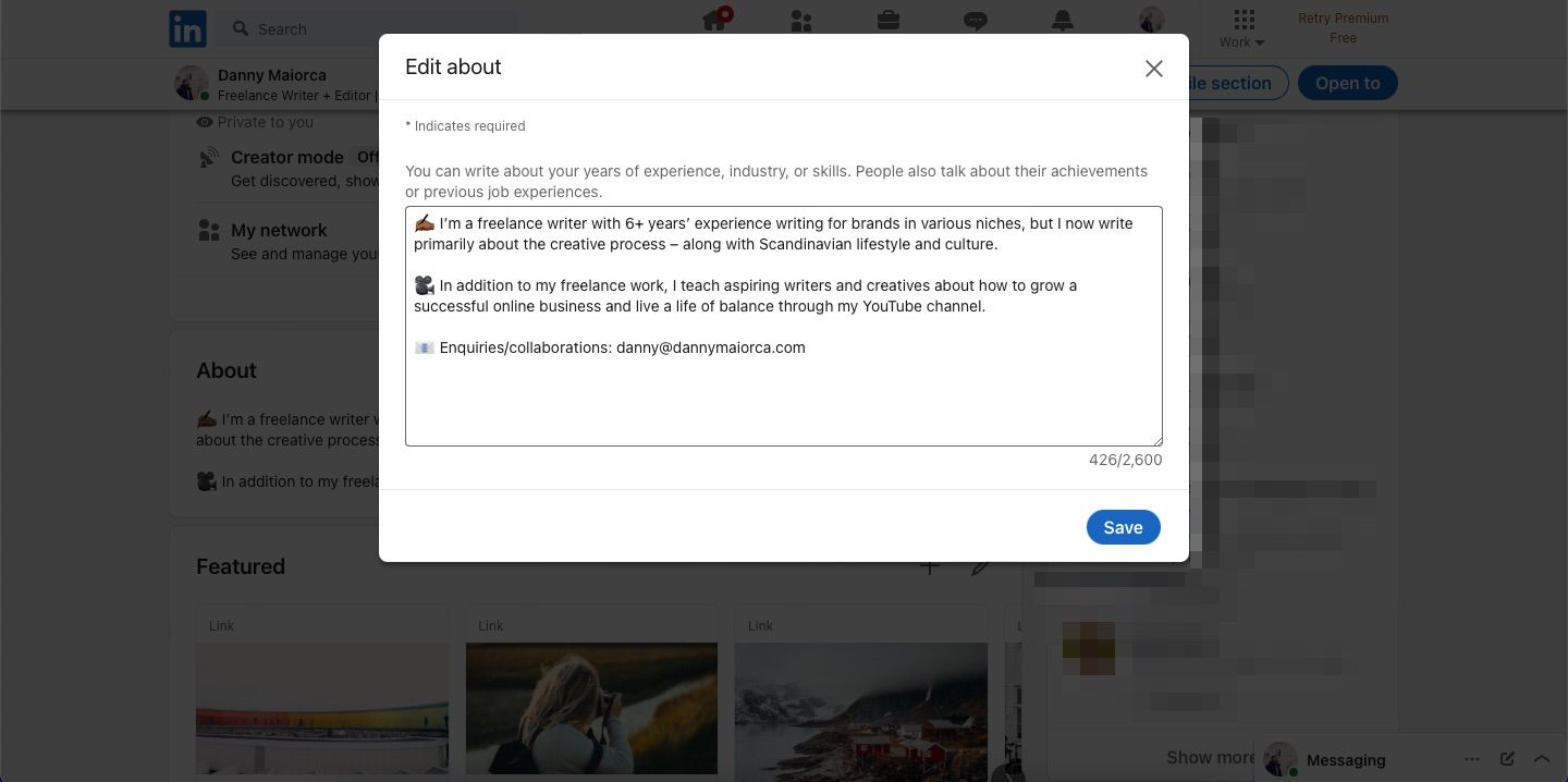 Скриншот редактирования раздела О себе на LinkedIn
