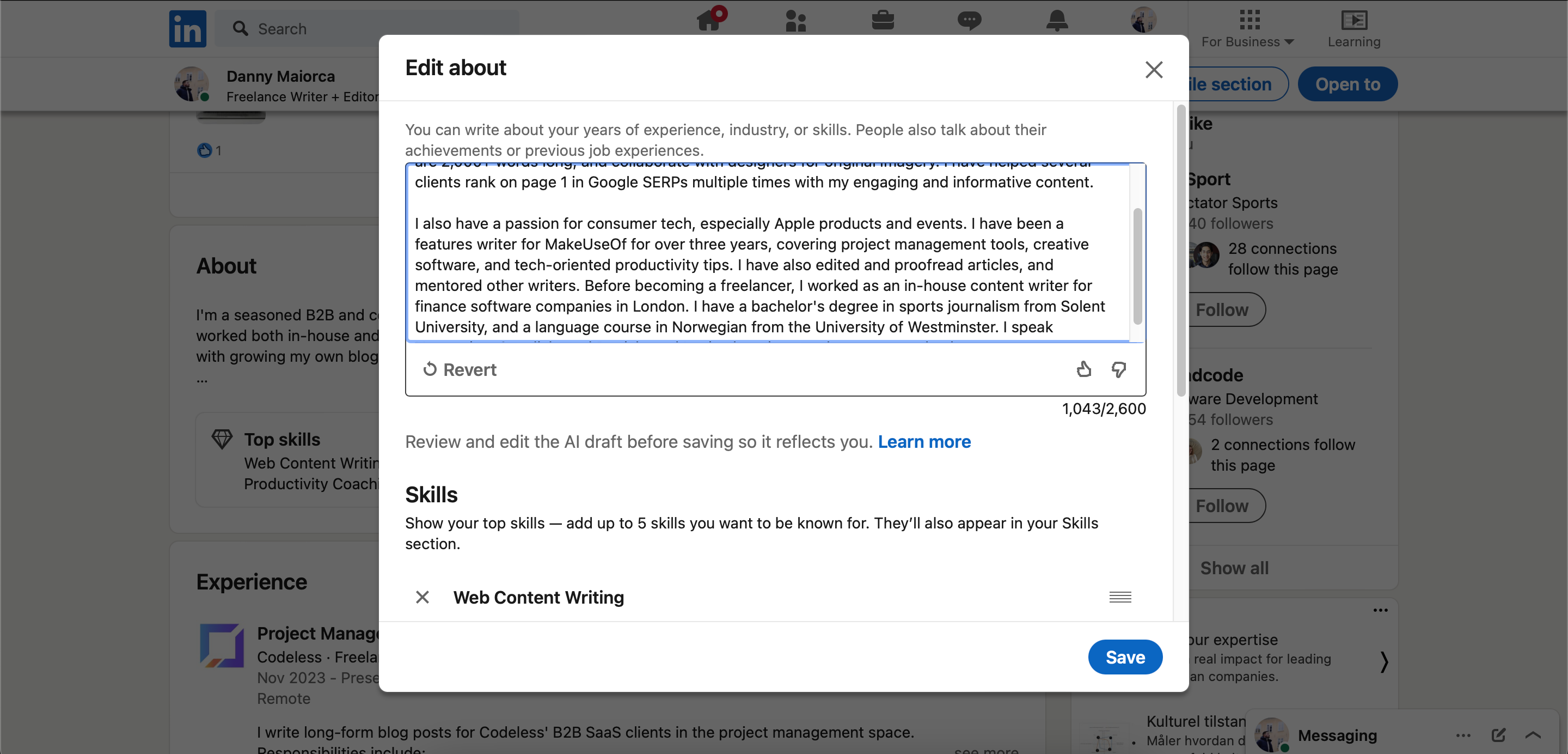 Редактирование сгенерированного ИИ варианта резюме на LinkedIn