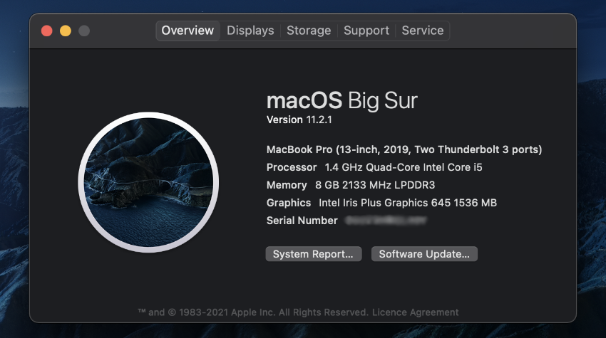 Скриншот окна «Об этом Mac» с серийным номером