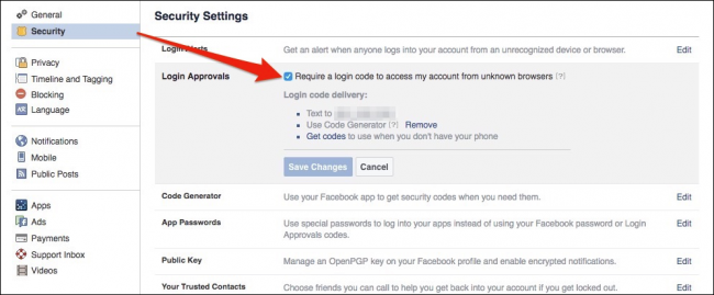 Опция включения подтверждения входа в Facebook