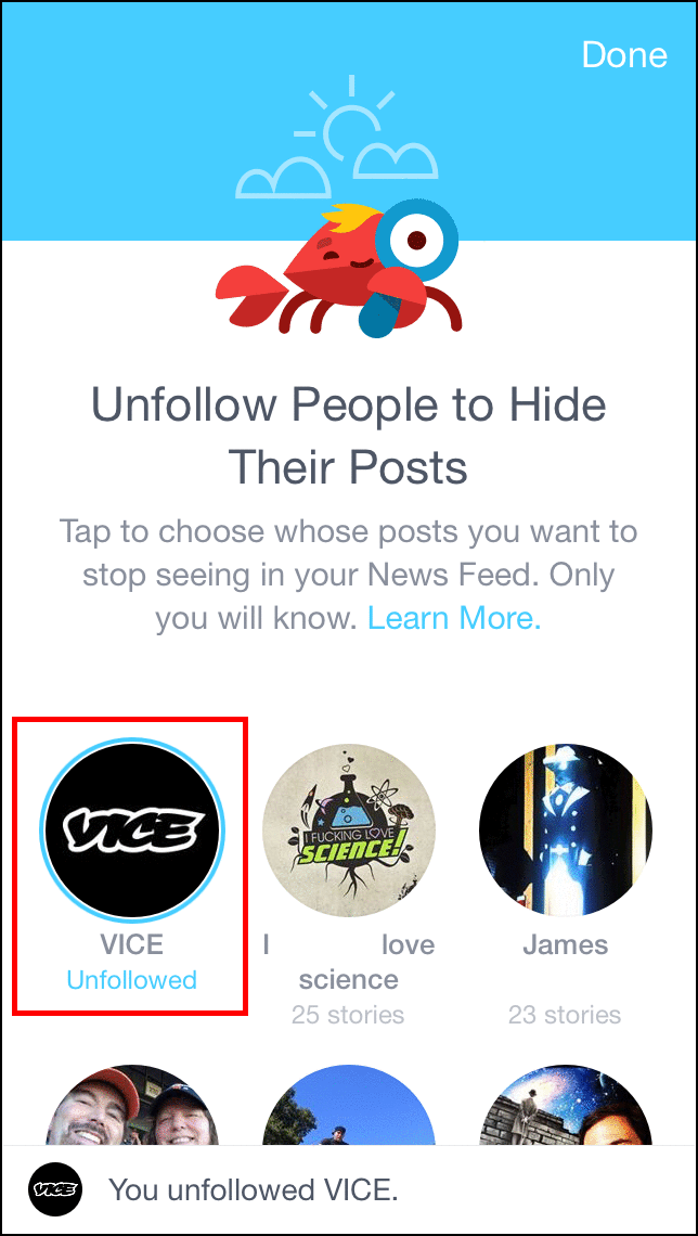 Анимация процесса отписки от страницы