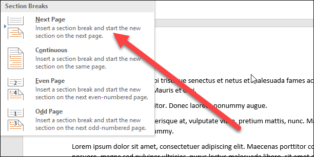 Выбор следующая страница при создании разрыва раздела