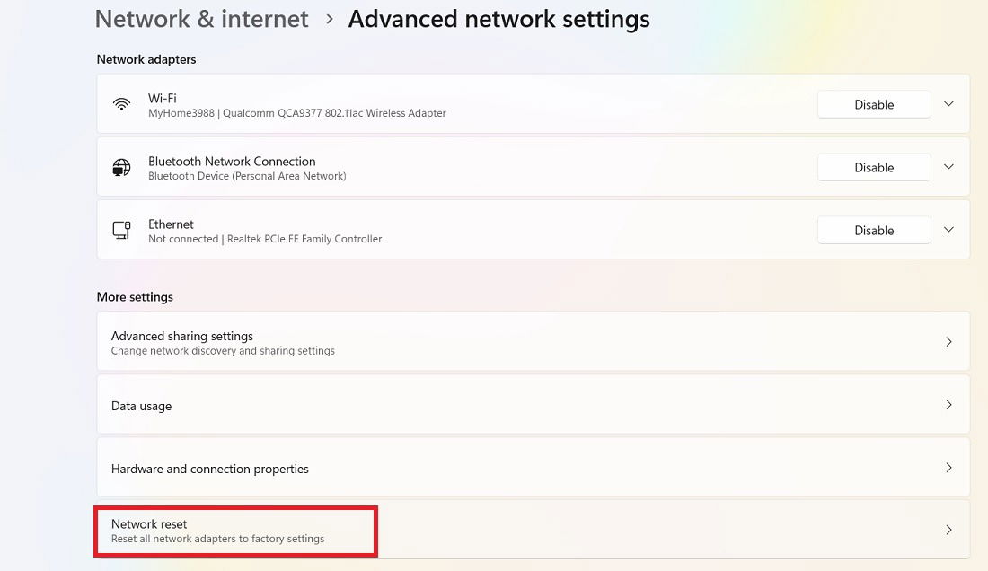 Кнопка сброса сетевых настроек в Windows 11