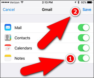 Экран включения синхронизации почты, контактов, календарей