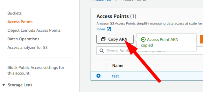 Введите имя, выберите бакет и режим; затем скопируйте ARN access point