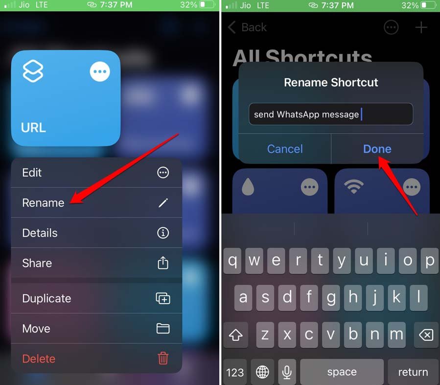 Переименование shortcut для отправки сообщения в WhatsApp