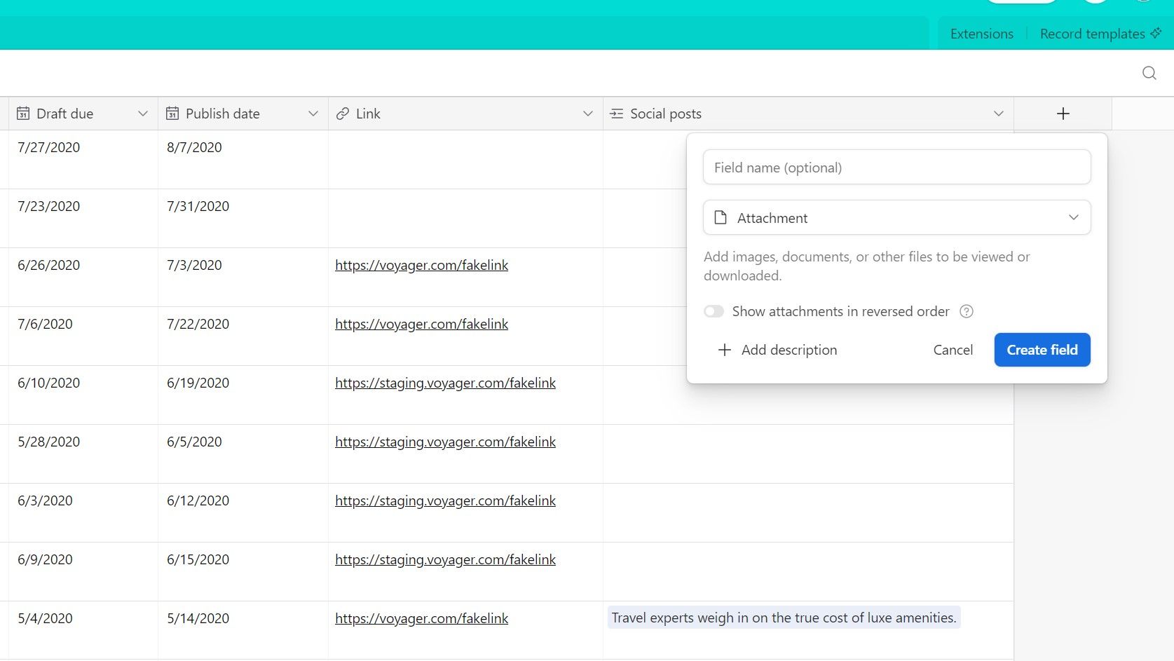 Окно настройки при создании поля «Вложения» в Airtable