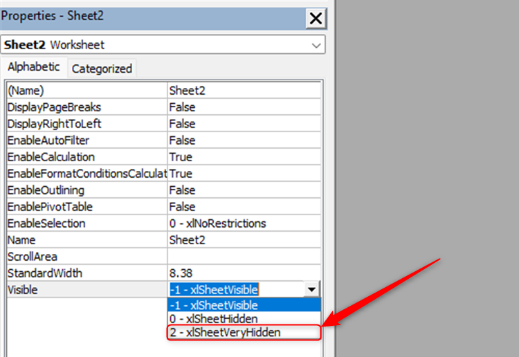 Опция SheetVeryHidden в окне Properties редактора VBA Excel для листа Sheet2.
