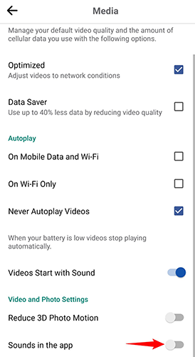 Выключите опцию «Звуки в приложении» в Facebook на Android