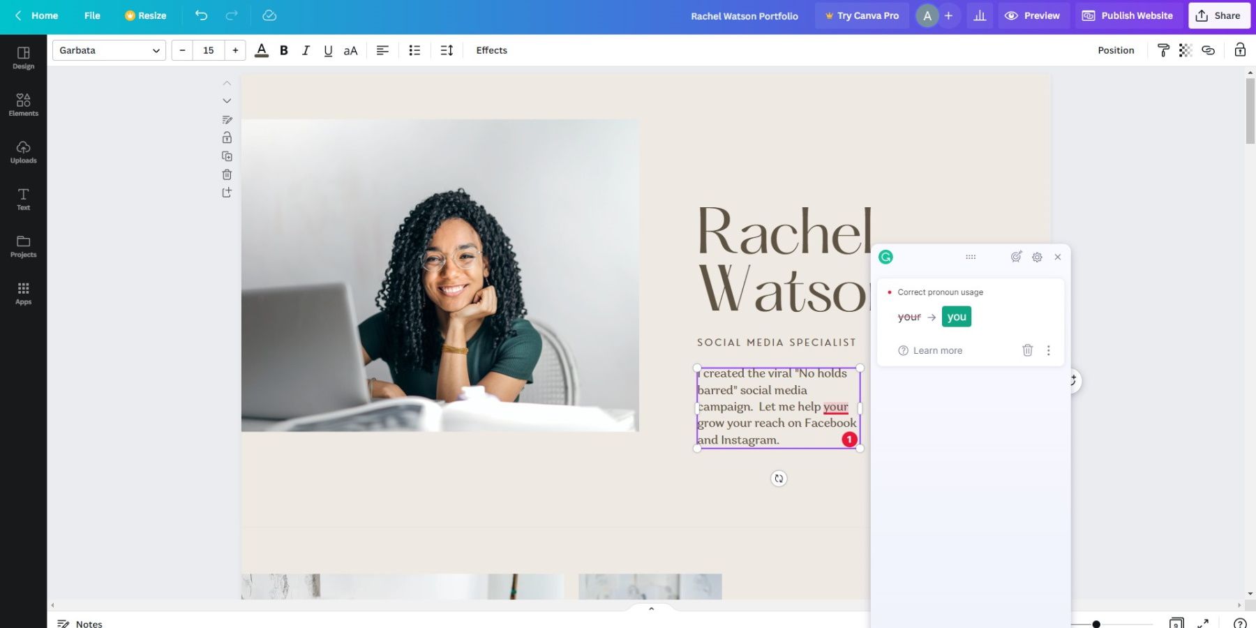 Расширение Grammarly в Chrome проверяет текст в шаблоне Canva