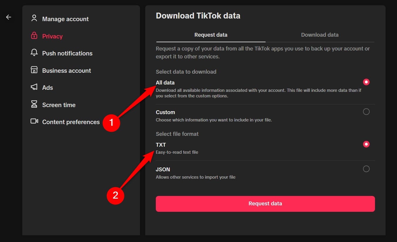 Выбор всех данных для скачивания TikTok