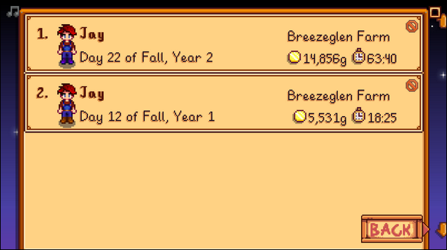 Экран выбора сохранения в Stardew Valley с двумя копиями игры