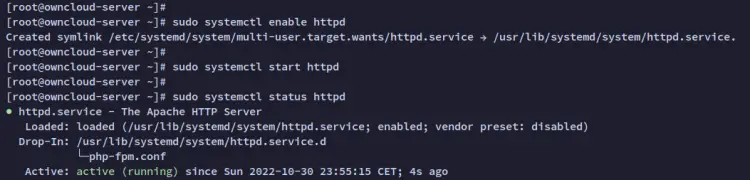 Проверка статуса httpd — вывод терминала